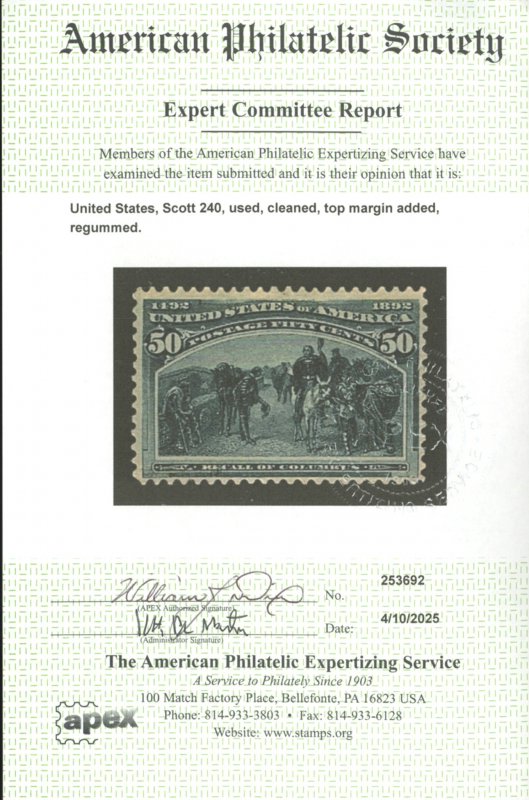 U.S. #240 USED WITH APS CERT