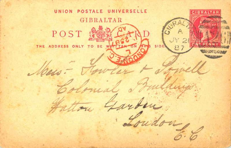 Gibraltar 1d QV Postal Card 1887 Gibraltar A26 duplex to London, England.  Cr...