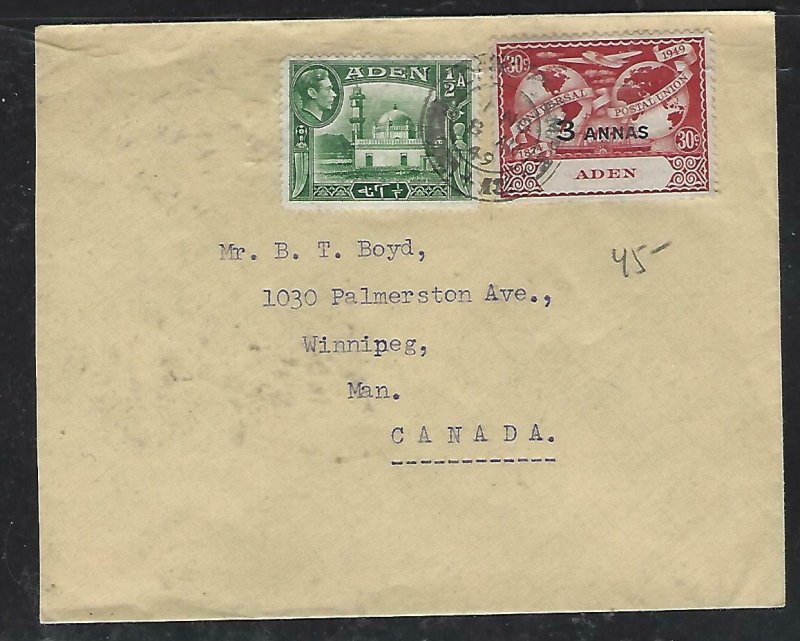 ADEN (P2508B) 1949  COVER KGVI  1/2A+ UPU 3A/30C  TO CANADA