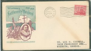 US 736 1934 3c Maryland Settlement Tercentenary On An Addressed, Foxed FDC With An Ioor Cachet