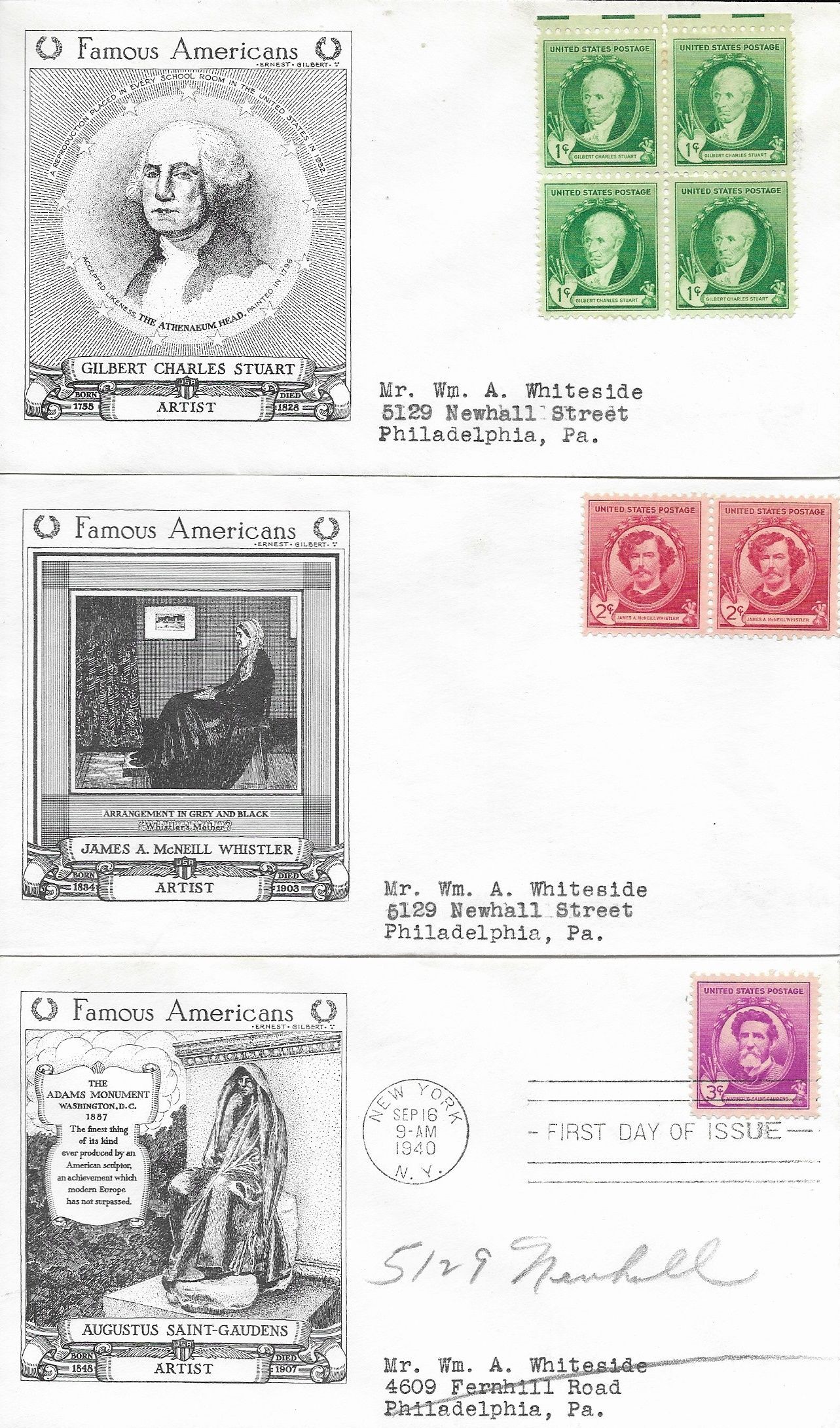 1940 FDC, #884-888, 1c-10c Famous American Artists, Hist. Art ...