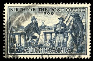 AUSTRALIA Sc 332 USED - 1959 4p -  Birth of Post Office - Postmaster I. Nichols