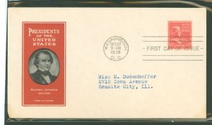 US 822 1938 17c Andrew Johnson (presidential/prexy definitive series) single - on an addressed first day cover with an Ioor cach