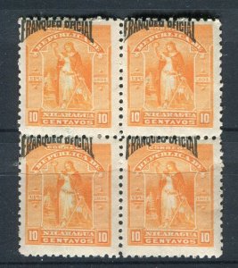 NICARAGUA; 1890s early classic OFFICIAL Optd. issue Mint 10c. Block of 4