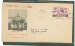 US 782 1936 3c Arkansas Centennial on an addressed (typed) FDC with an unknown cachet