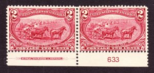 US 286 2c Trans-Mississippi Mint Plate #633 Bottom Pair F-VF OG H SCV $60