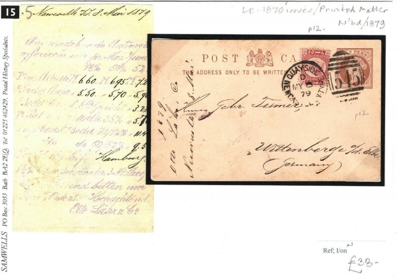 GB HALFPENNY p12 Stationery Card Newcastle Quayside CDS Germany ½d Red 1879 15.5