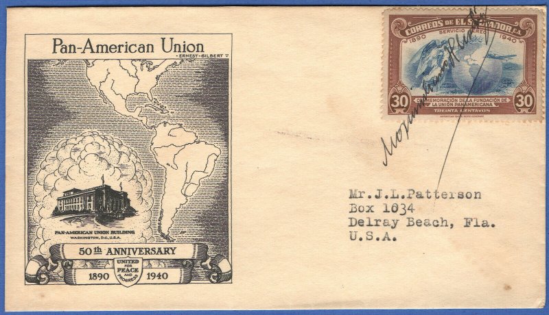 EL SALVADOR 1940 Pan-American Union FDC, Autographed by President Martinez