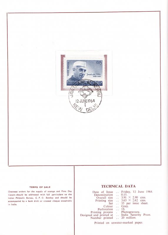 India 1964 NEHRU Commemorative Book with Nr.388 First Day Cancel