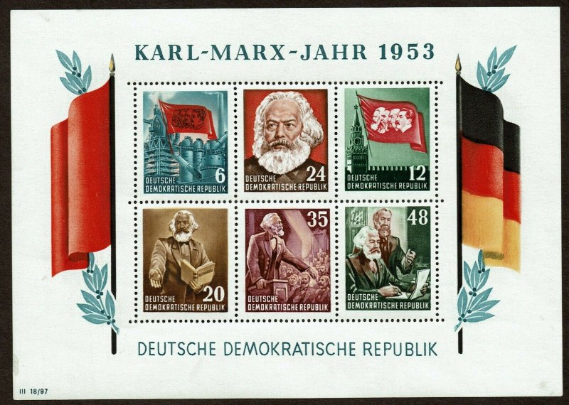 HuskyStamps ~ Germany DDR #144a, Perforated Souvenir Sheet, MNH, Marx, 11pics