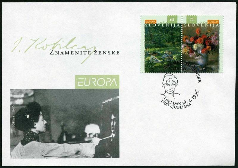 Slovenia 250-251a pair,FDC. Michel 142-143. Ivana Kobilca,painter.Paintings.1996