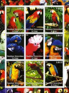 Congo 2002 Exotic Birds PARROTS Sheet (9) Perforated Mint (NH)