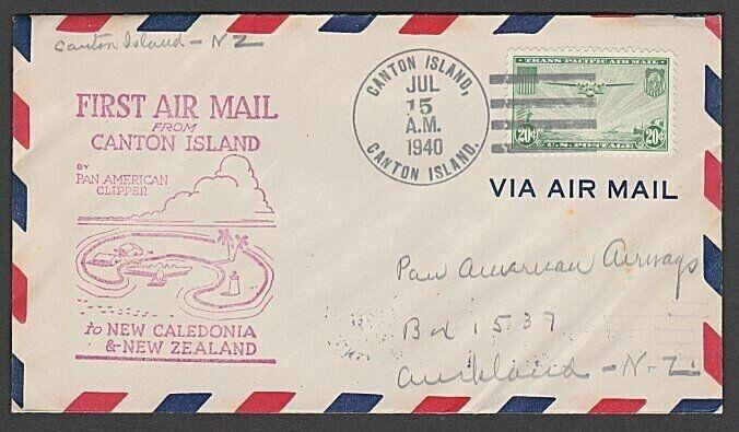 GILBERT & ELLICE IS US PO 1940 first flight cover Canton Is to NZ..........55580