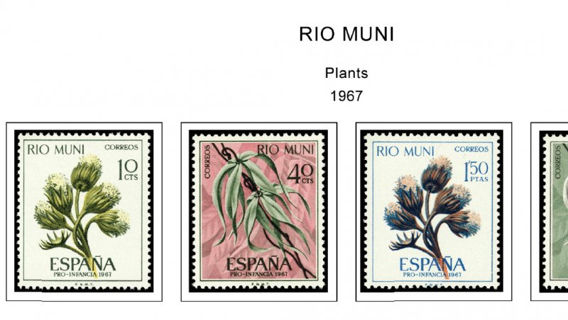 COLOR PRINTED RIO MUNI 1960-1968 STAMP ALBUM PAGES (8 illustrated pages)