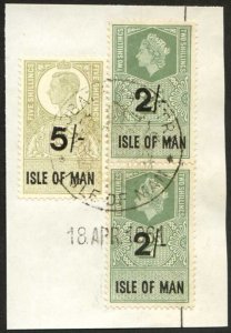 Isle of Man KGVI 5/- and QEII 2 x 2/- Key Plate Type Revenues CDS on Piece