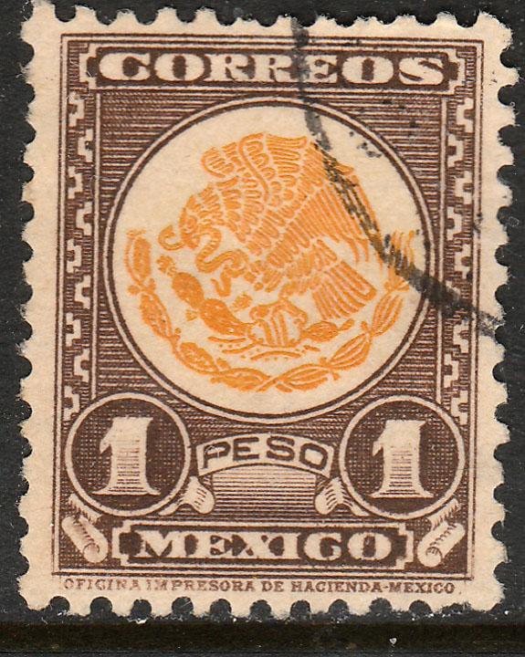 MEXICO 719, $1P COAT OF ARMS 1934 DEFINITIVE USED. VF. (546)