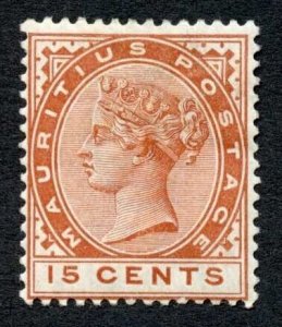 Mauritius SG107 15c Chestnut wmk crown CA M/M (hinge remainder) Cat 9.50 pounds