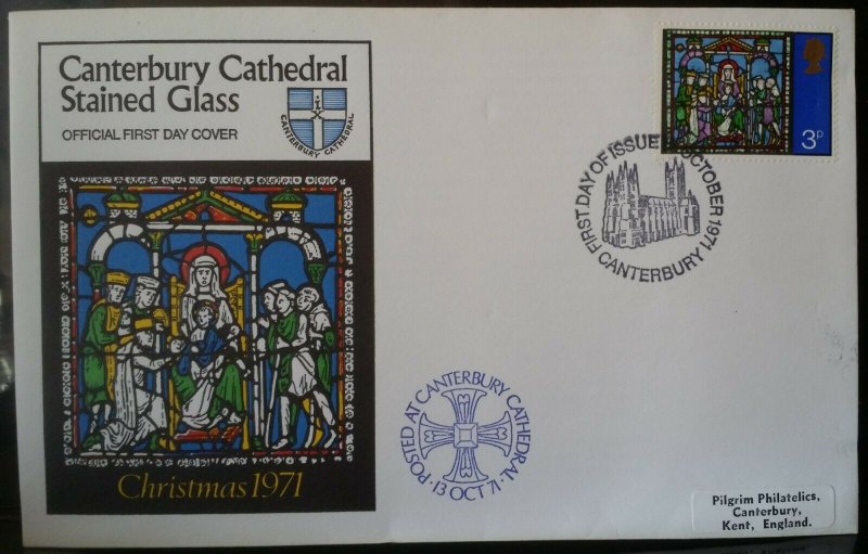 GB 1971 Xmas Canterbury Cathedral Stained Glass Official Canterbury CDS FDC 