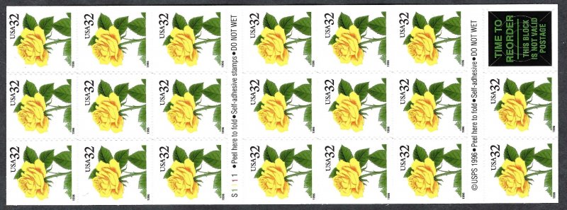 United States #3049a 32¢ Yellow Rose (1996). Pane of 20. Marrow Donor back. MNH