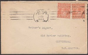 AUSTRALIA 1921 GV 2d (2) on cover Sydney to USA.............................P288