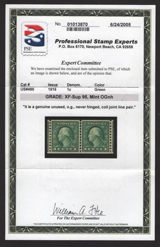 SCOTT #490 MINT LINE PAIR - XF-Superb-95-OGnh - w/PSE Cert SMQ $175 (LB 5/22/23) 