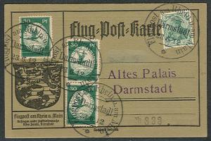 GERMANY 1912, First flight w/3 30pf + 5pf cancelled Darmstadt, VF and scarce