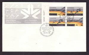 Canada-Sc#759-60 - Sports-Commonwealth Games-UL plate block on FDC-1978-