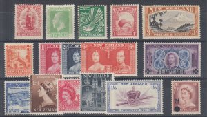 New Zealand Sc 108/319 MLH. 1902-58 issues, 16 different better singles, F-VF.