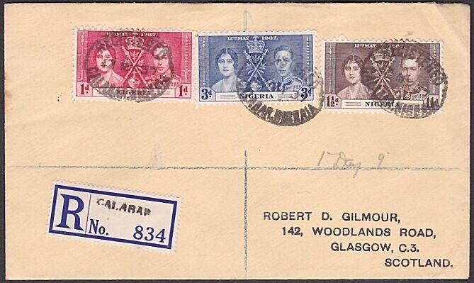 NIGERIA 1937 Coronation set on registered FDC to UK ex Calabar ............a3719