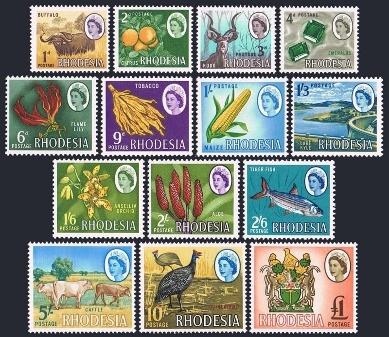 Rhodesia 223-236, MNH. QE II. 1966. Buffalo, Orange, Emeralds,Kudu,Orchid,Cattle