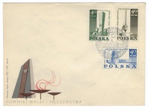 Poland 1967 FDC Stamps Scott 1485-1487 Second World War II Monuments Memorials