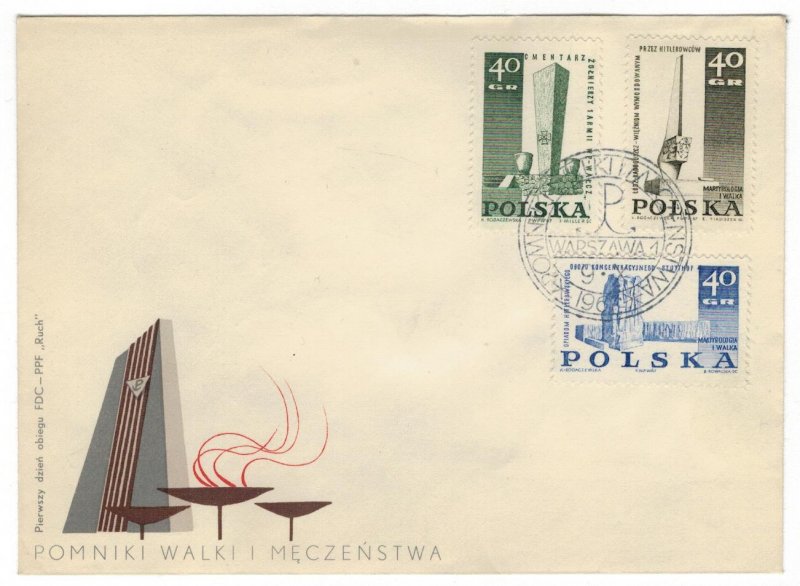 Poland 1967 FDC Stamps Scott 1485-1487 Second World War II Monuments Memorials