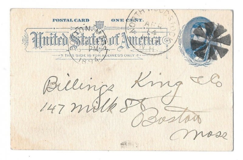 UX11 Postal Card 1894 Fancy Cancel Geometric Wedges North Woodstock NH to Boston