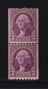 1932 Washington 3c purple Sc 722 pf 10 horizontal, coil LINE pair MNH (B