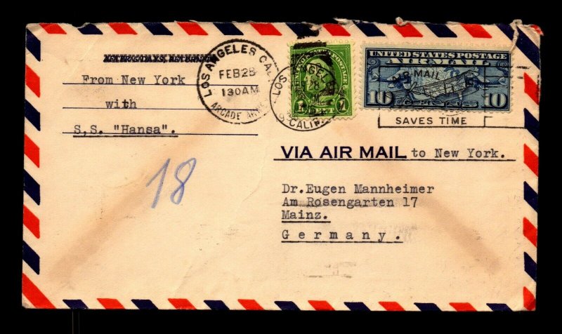 US 1936 Airmal Cover LA to Germany via SS Hansa - L12301