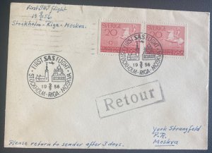 1956 Stockholm Sweden First SAS Flight Airmail Cover To Moscow Russia