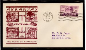 US 782 (1936) 3 cent Arkansas Statehood Centennial (solo) on an addressed (typed) First Day Cover with a bronesky  cachet.