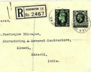 GB Cover Paddington REGISTERED INDIA *Kimari* Karachi 1937{samwells-covers} CV34 