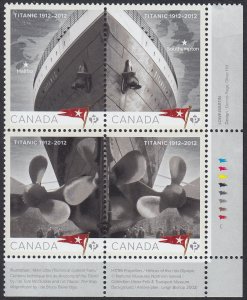 Canada 2012 #2534a MNH = TITANIC = LR Inscription block of 4