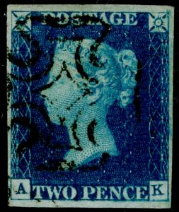 GB 1840 SG5, 2d blue, FINE USED. Cat £950. BLACK MX. 4 MARGINS. AK