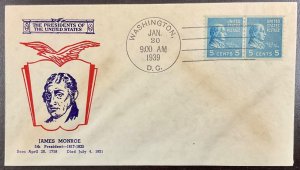 845 Fidelity cachet James Monroe Line Pair Coils Presidential Series FDC 1939