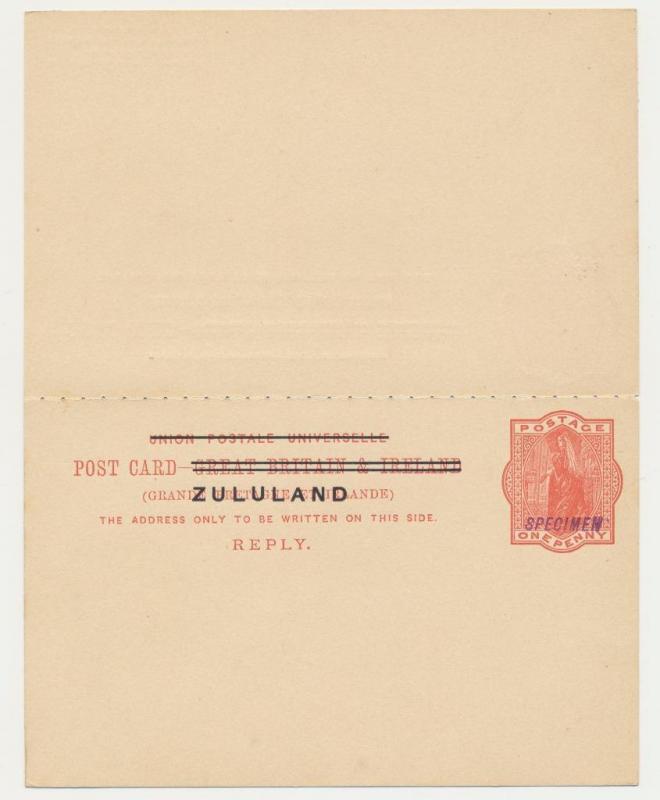 ZULULAND 1900 1d SPECIMEN  REPLY PAID CARD, VF UNUSED H&G#4 (SEE BELOW