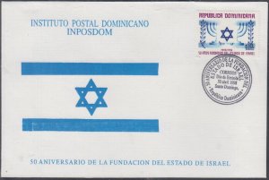 DOMINICAN REP Sc # 1275 FDC 50th ANN STATE of ISRAEL, w/STAR of DAVID, MENORAH