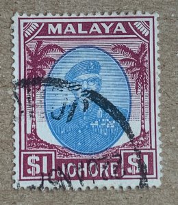 Johore 1949 $1 Sultan Ibrahim, used. SEE NOTE. Scott 148, CV $2.50