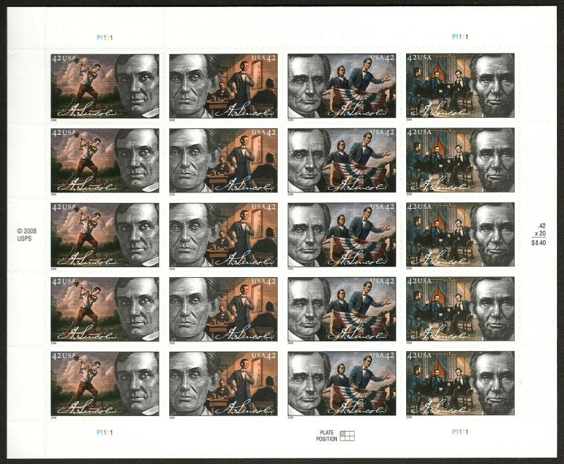 U.S. 4380-83 (4383a) Abraham Lincoln 42¢ Sheet of 20 VF-XF MNH