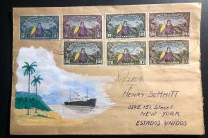 1938 Ecuador Hand Painted Cover To New York USA Sc# 366-72 Constitution Stamp