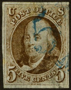 US Stamps # 1 Used 4 Margins Blue Numeral 5 Cancel Fresh Color