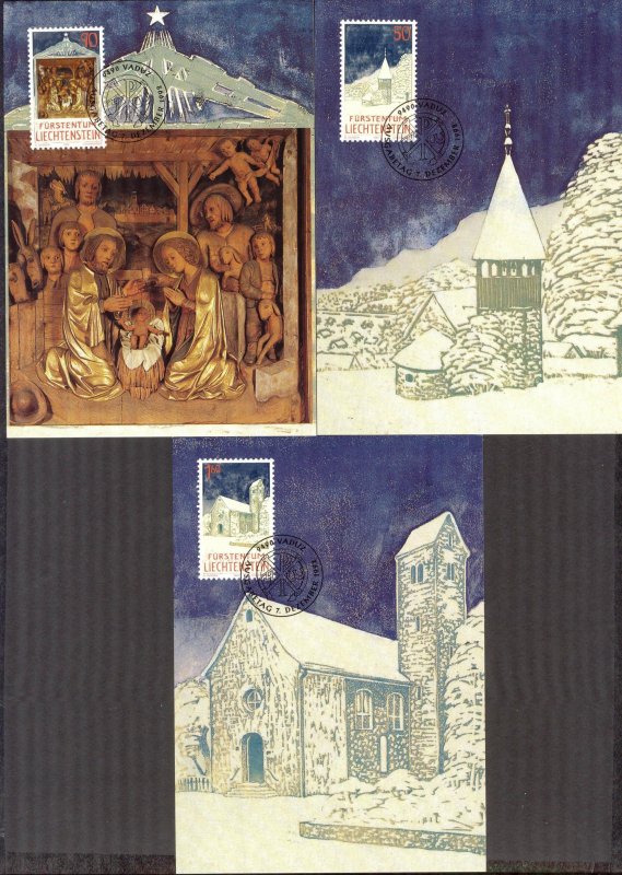 Liechtenstein 1992 Christmas 3 Maxi Cards FDC