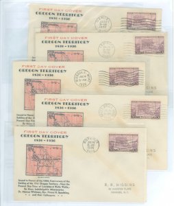 US 783 1939 3c Oregon Territory /100th Anniversary (singles) on five FDC with matching Kapner cachets and different official cit