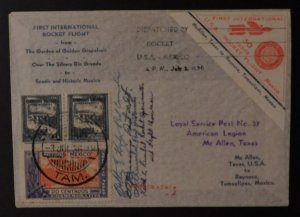 1936 Reynosa Tamps Mexico First Rocket Flight Mail cover To McAllen USA Signed 6